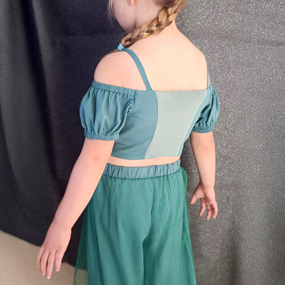 Top Yasmine enfant vert canard avec dos en jersey extensible, vue de dos – patron Kandix