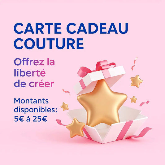 Carte cadeau couture Kandix avec boîte blanche et étoiles dorées sur fond rose