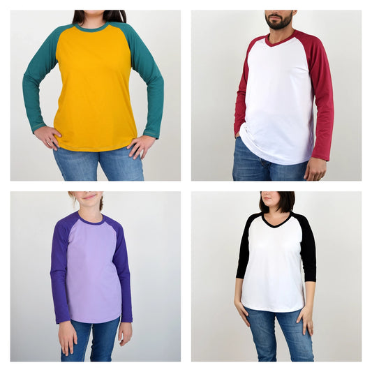 Vue d’ensemble du patron TAO pour toute la famille : t-shirts raglan manches longues ou 3/4, cols ronds ou en V – patron de couture TAO de Kandix